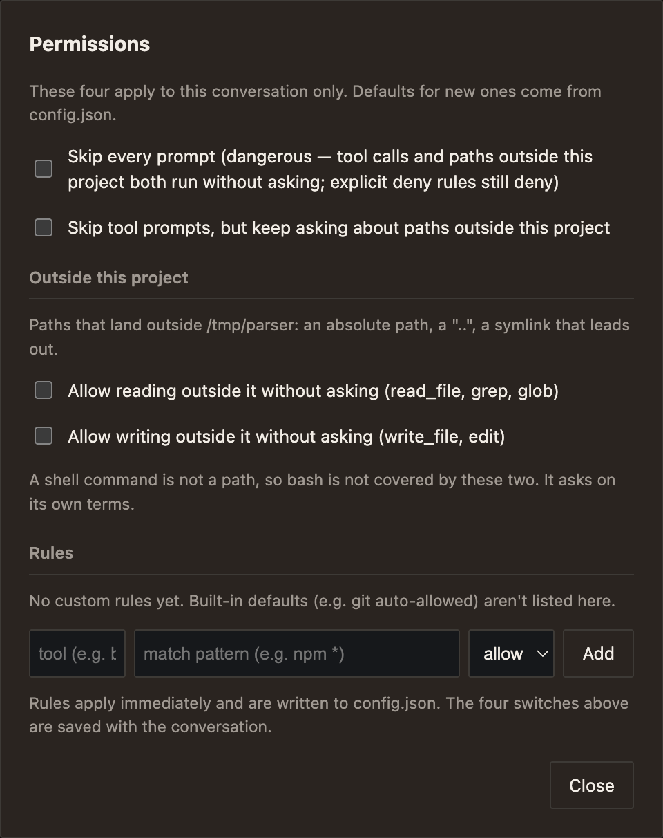 The permissions dialog: two skip switches, then a section headed Outside this project explaining that paths landing outside the project directory include an absolute path, a dot-dot, or a symlink that leads out, with separate checkboxes for allowing reads and writes outside without asking, and a note that a shell command is not a path.