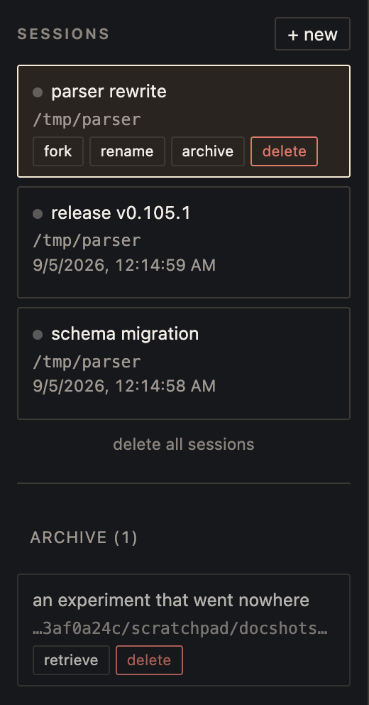 The session panel: three conversations titled parser rewrite, release v0.105.1 and schema migration. The open one shows fork, rename, archive and delete in place of its date; the other two show their workspace path and when they were started. Below them an Archive section holding one conversation, with retrieve and delete.